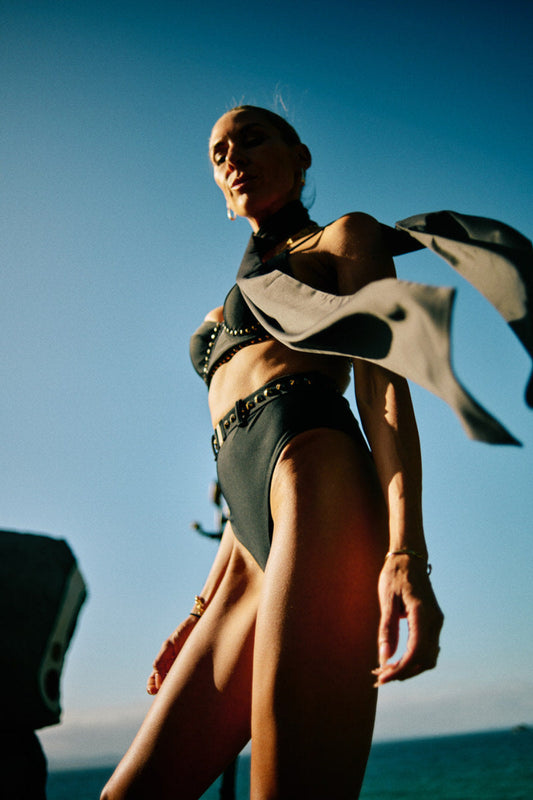 Luxury swimsuit designer studded belted resortwear beachwear