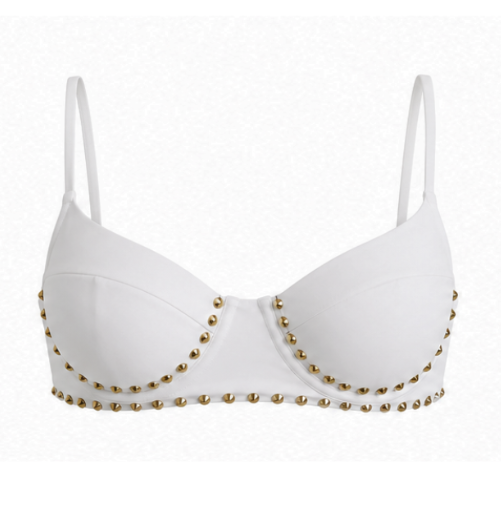 White underwire bra with thin straps and gold metallic stud embellishments along the cups and lower band, shown against a plain white background.
