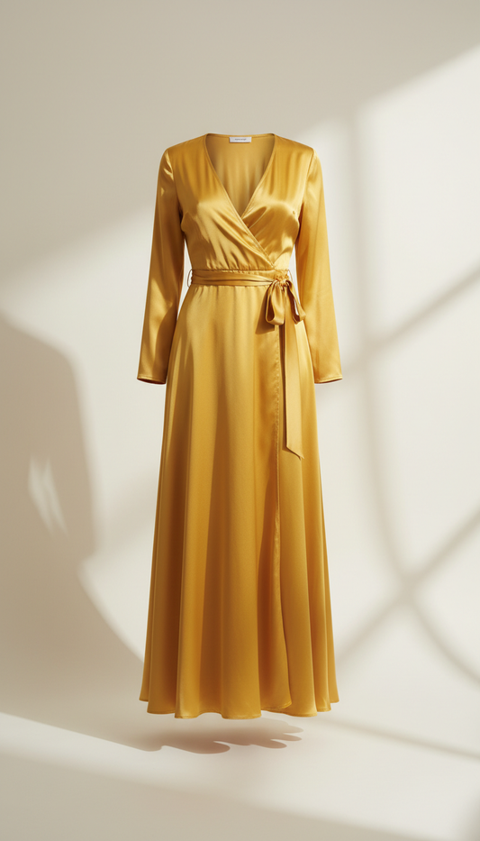 Golden Citrus Silk Wrap Dress