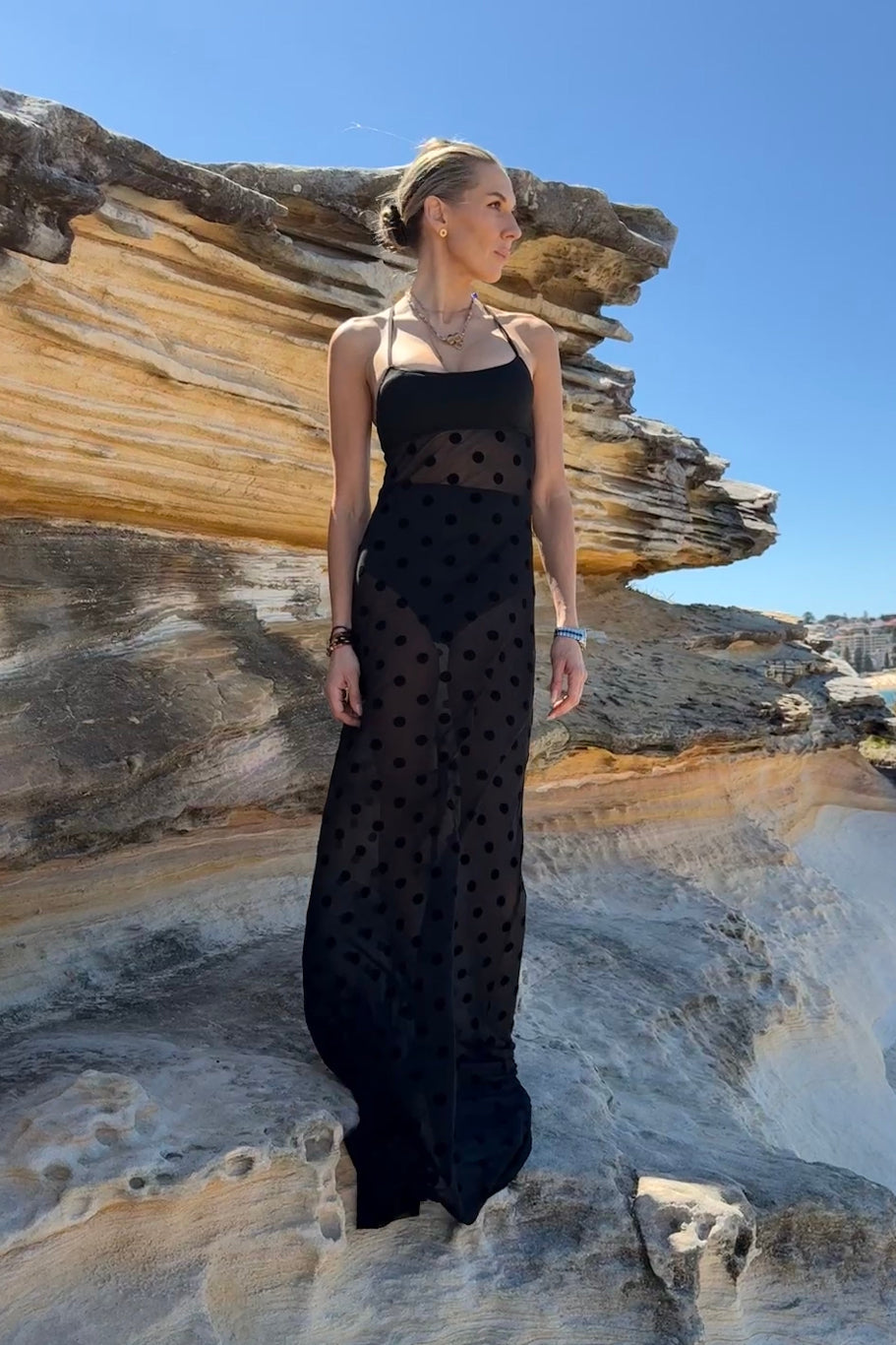 Polkadot Luxury swimsuit designer crystal embellished beachwear eveningwear coverup black sexy bikini dress sheer