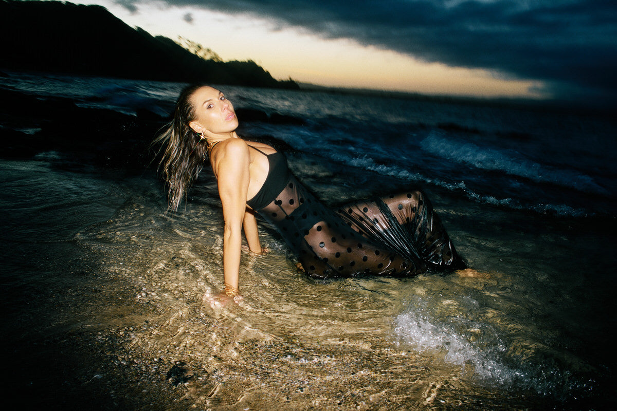 Polkadot Luxury swimsuit designer crystal embellished beachwear eveningwear coverup black sexy bikini dress sheer