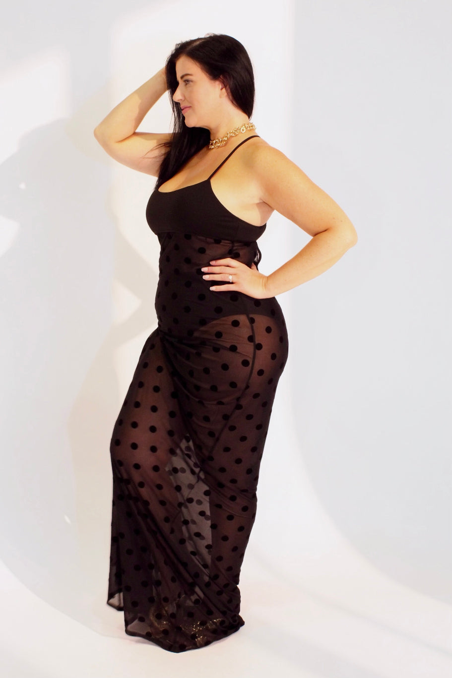 Polkadot Luxury swimsuit designer crystal embellished beachwear eveningwear coverup black sexy bikini dress sheer