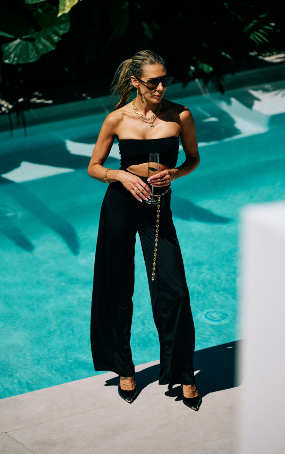 slinky jumpsuit bandeau Luxury swimsuit designer crystal embellished beachwear eveningwear coverup black