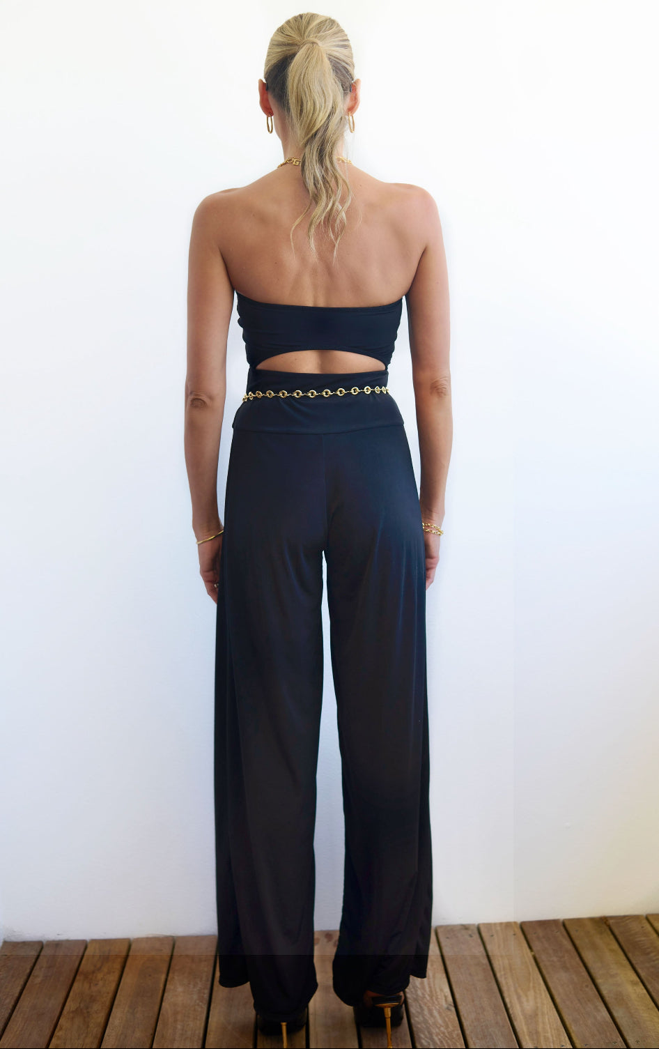 slinky jumpsuit bandeau Luxury swimsuit designer crystal embellished beachwear eveningwear coverup black