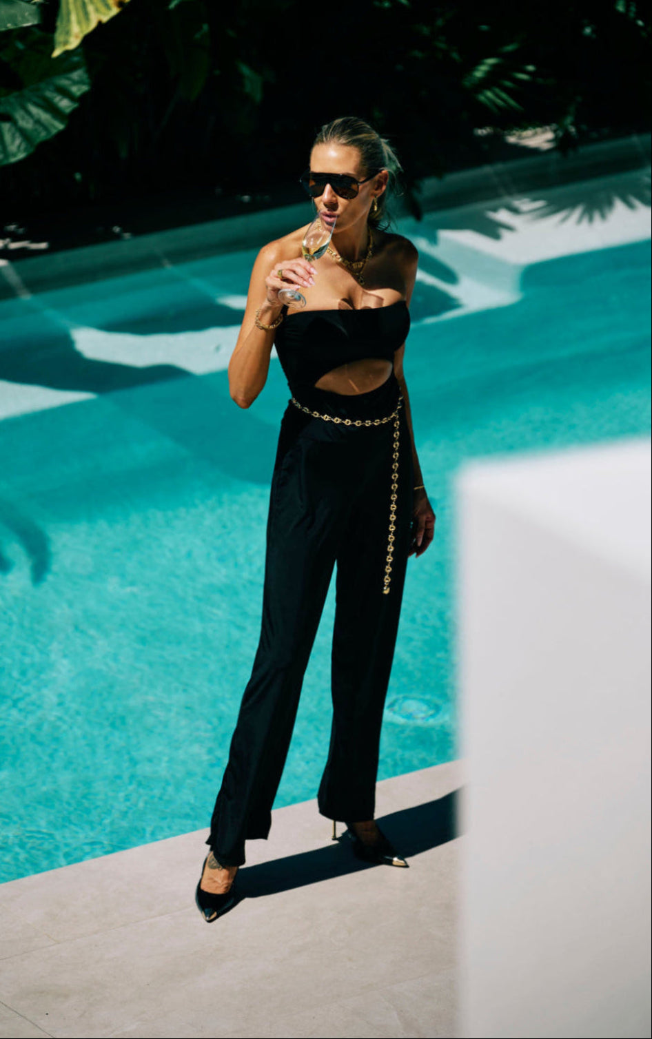 slinky jumpsuit bandeau Luxury swimsuit designer crystal embellished beachwear eveningwear coverup black