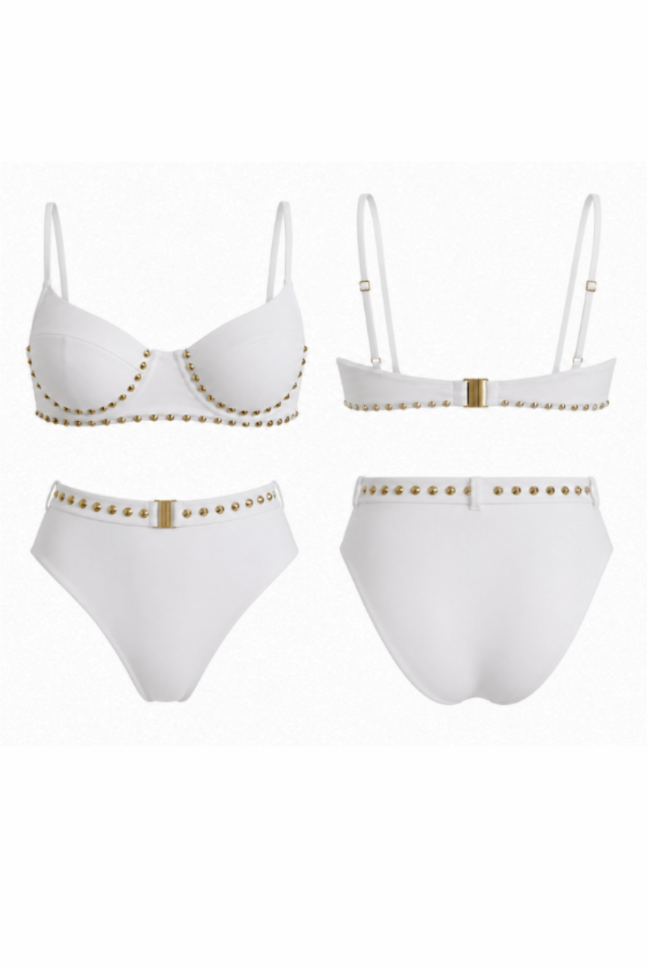 White two-piece bikini set shown from multiple angles on a plain white background, featuring gold-tone stud detailing along the cups, waistband, and high-waisted bottoms.