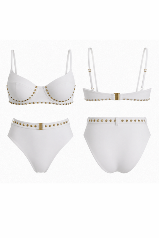 White two-piece bikini set shown from multiple angles on a plain white background, featuring gold-tone stud detailing along the cups, waistband, and high-waisted bottoms.