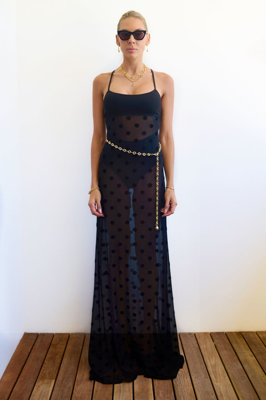 Polkadot Luxury swimsuit designer crystal embellished beachwear eveningwear coverup black sexy bikini dress sheer