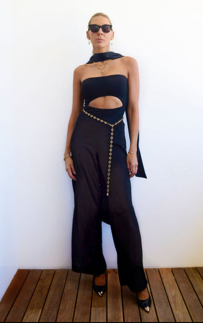 slinky jumpsuit bandeau Luxury swimsuit designer crystal embellished beachwear eveningwear coverup black