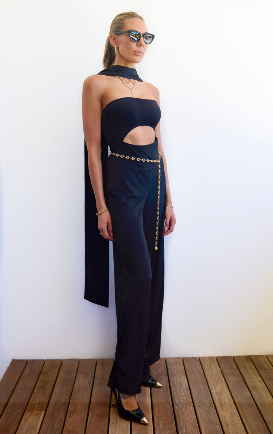 slinky jumpsuit bandeau Luxury swimsuit designer crystal embellished beachwear eveningwear coverup black