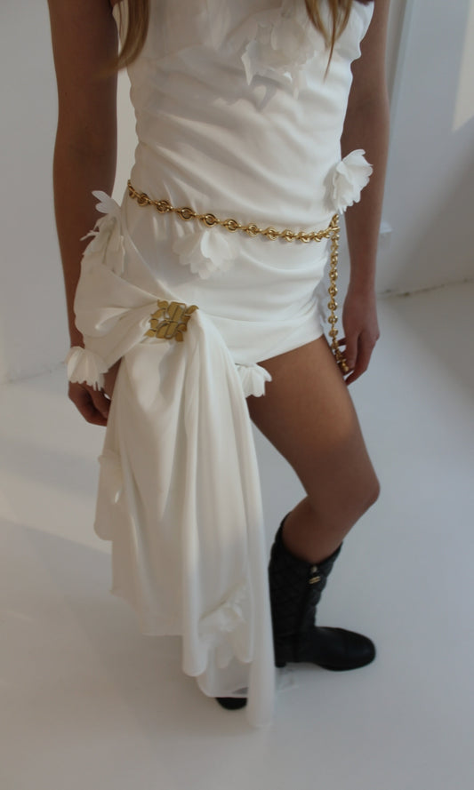 white gown luxury designer dress sheer bridal chain belt mini dress