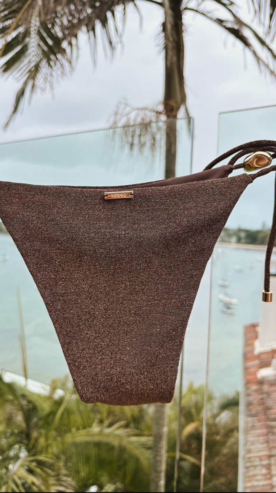 Brown shimmer triangle luxury designer swimwear gold coverup rhinestone