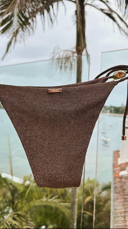 Brown shimmer triangle luxury designer swimwear gold coverup rhinestone
