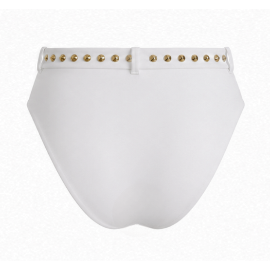 White bikini bottoms featuring a decorative waistband embellished with gold-tone studs, shown against a plain white background.