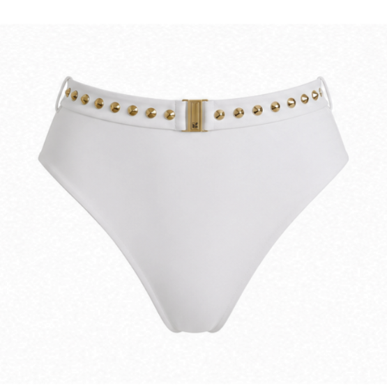 White high-waisted bikini bottoms featuring a decorative waistband adorned with gold studs and a central gold buckle, shown against a plain white background.