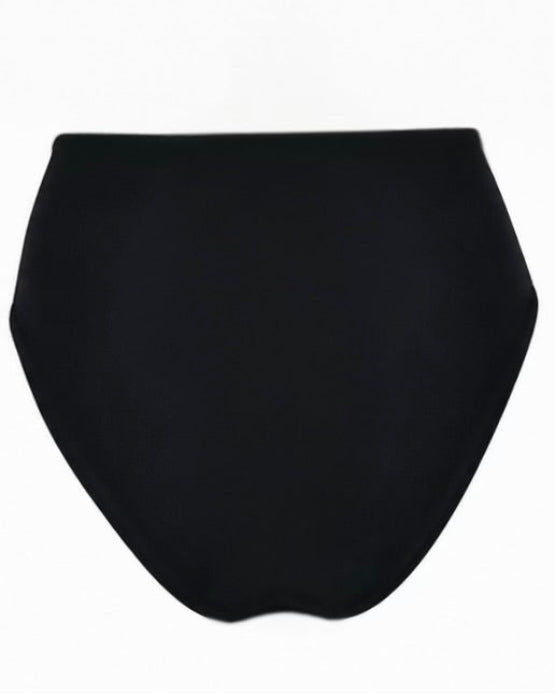 Black high-waisted bikini bottom shown flat against a plain white background.