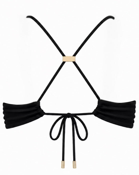 Black halter bikini top with pleated side panels, thin adjustable straps, and small gold-tone metal accents at the center and bottom ties, shown on a plain white background.