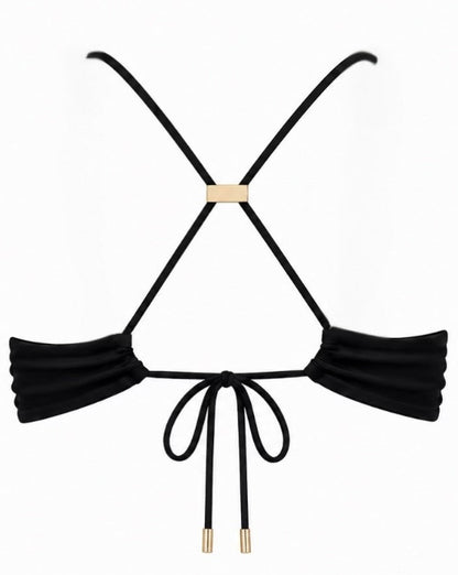 Black halter bikini top with pleated side panels, thin adjustable straps, and small gold-tone metal accents at the center and bottom ties, shown on a plain white background.