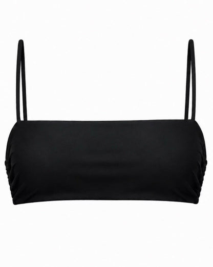 Black bikini top with a wide rectangular bandeau-style front, thin shoulder straps, and gathered ruching at the sides, shown against a plain white background.