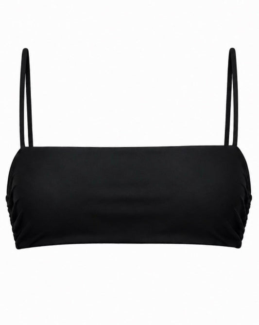 Black bikini top with a wide rectangular bandeau-style front, thin shoulder straps, and gathered ruching at the sides, shown against a plain white background.