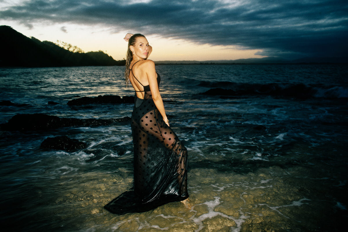 Polkadot Luxury swimsuit designer crystal embellished beachwear eveningwear coverup black sexy bikini dress sheer