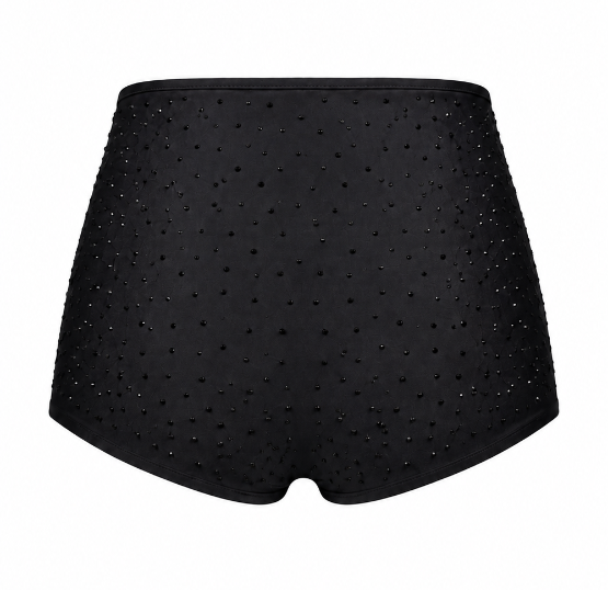 Black high-waisted shorts embellished with small rhinestones, shown against a plain white background.