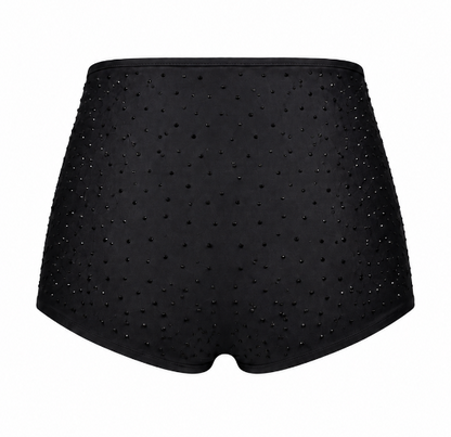 Black high-waisted shorts embellished with small rhinestones, shown against a plain white background.