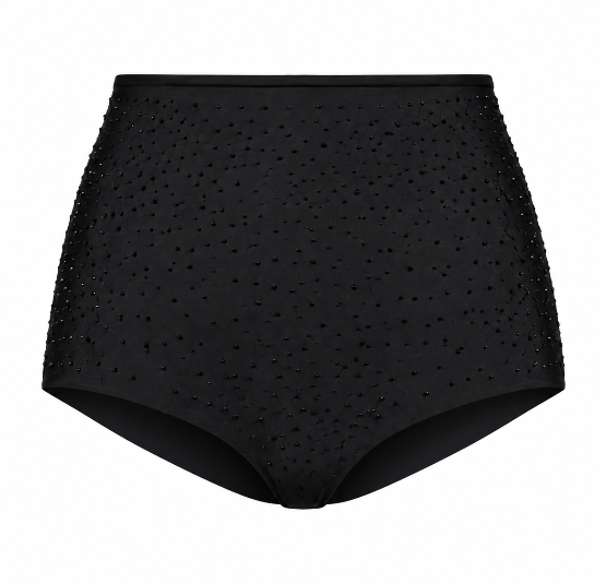 Black high-waisted bikini bottoms covered in small rhinestones, shown against a plain white background.