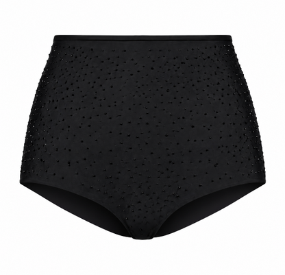 Black high-waisted bikini bottoms covered in small rhinestones, shown against a plain white background.